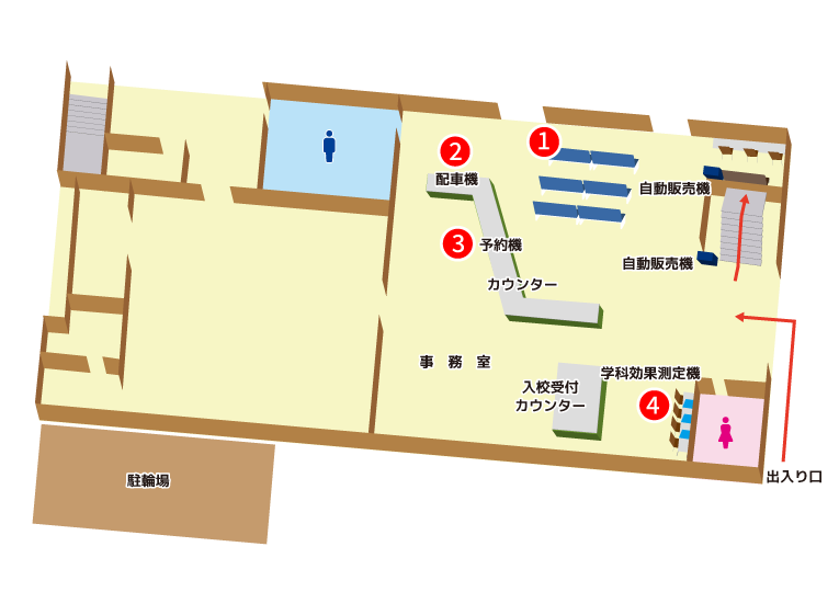 兵庫県自動学校明石校の校内図1階